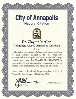 Mayor citation praising Doctor Clayton McCarl’s service to the community through the Stanton Center